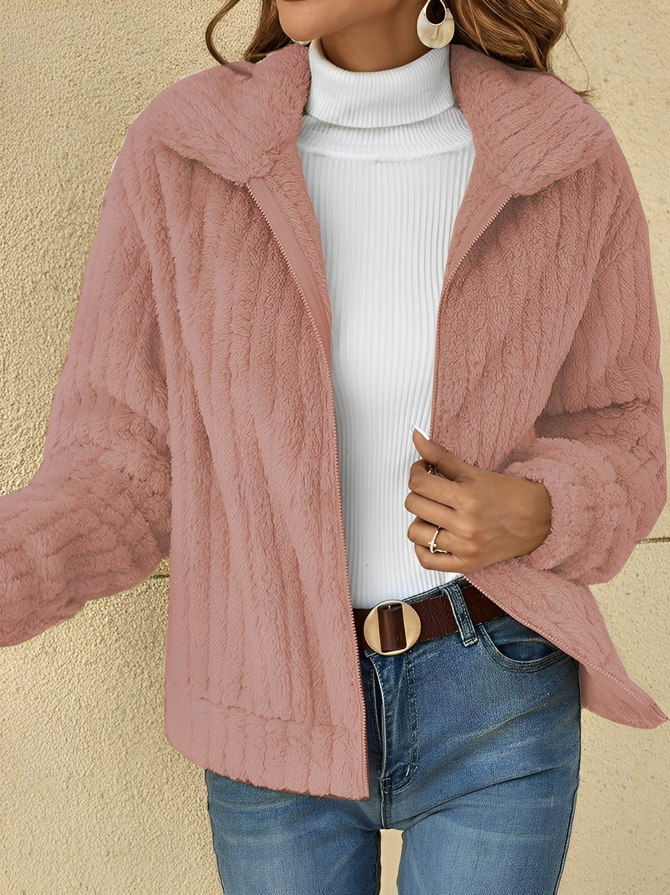 Isabelle - Damen Teddyfelljacke mit Reverskragen Herbst Winter