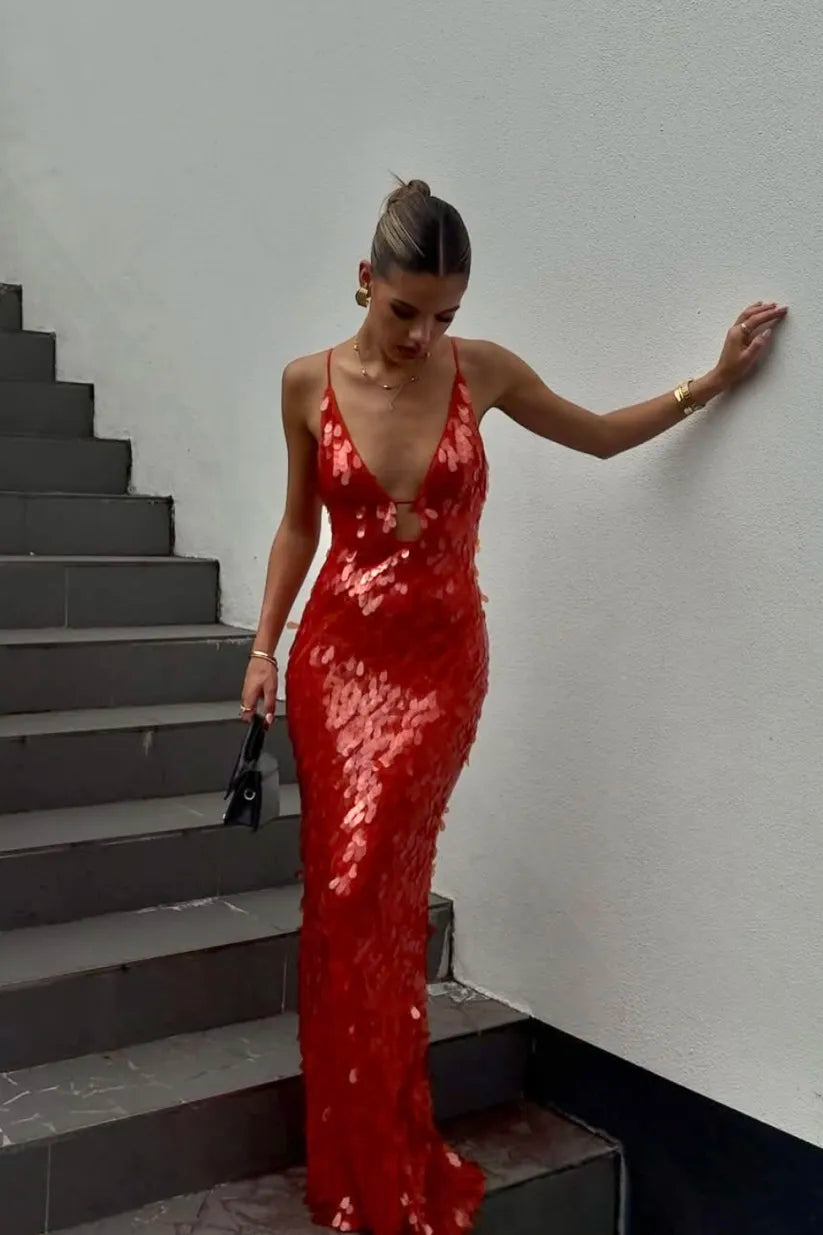 Camila - Damen Abendkleid mit Pailletten und tiefem Ausschnitt