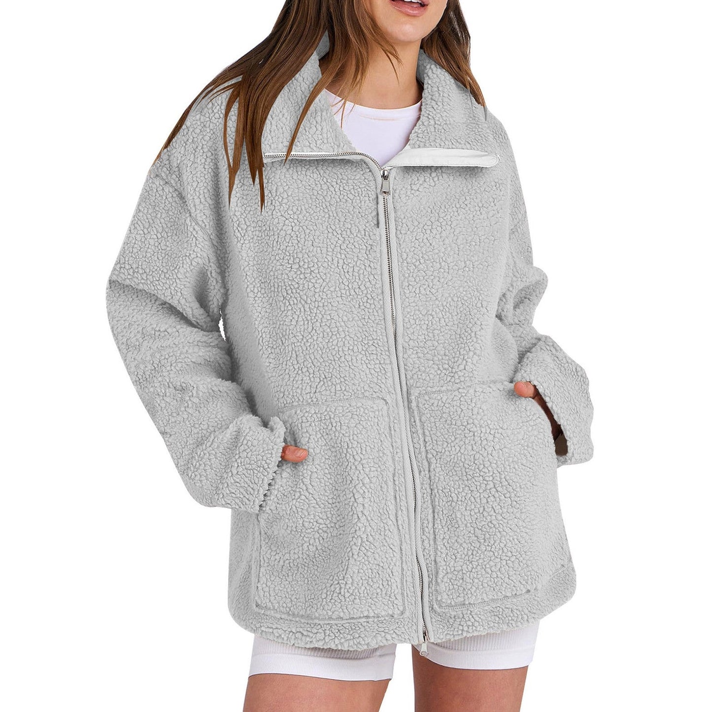 Amira – Damen Teddyjacke mit Reißverschluss und lockerer Passform