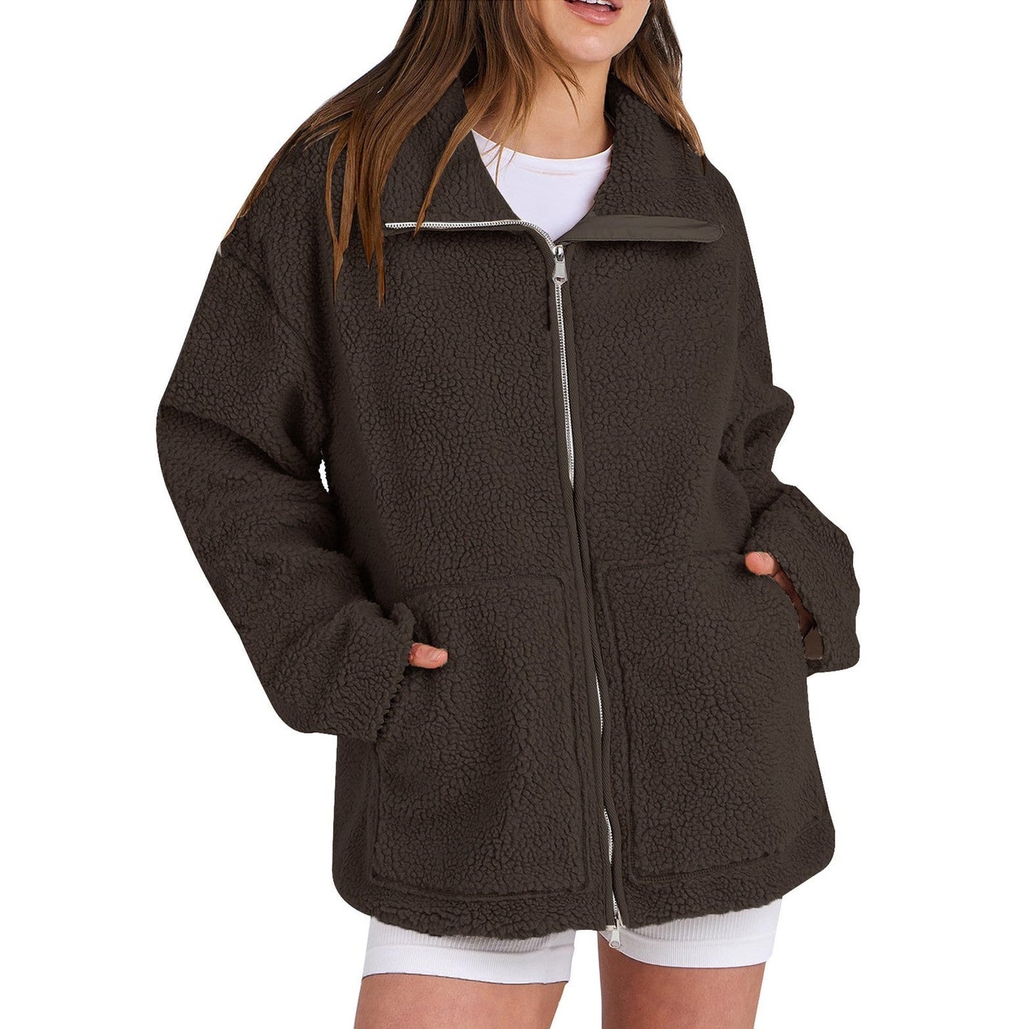 Amira – Damen Teddyjacke mit Reißverschluss und lockerer Passform