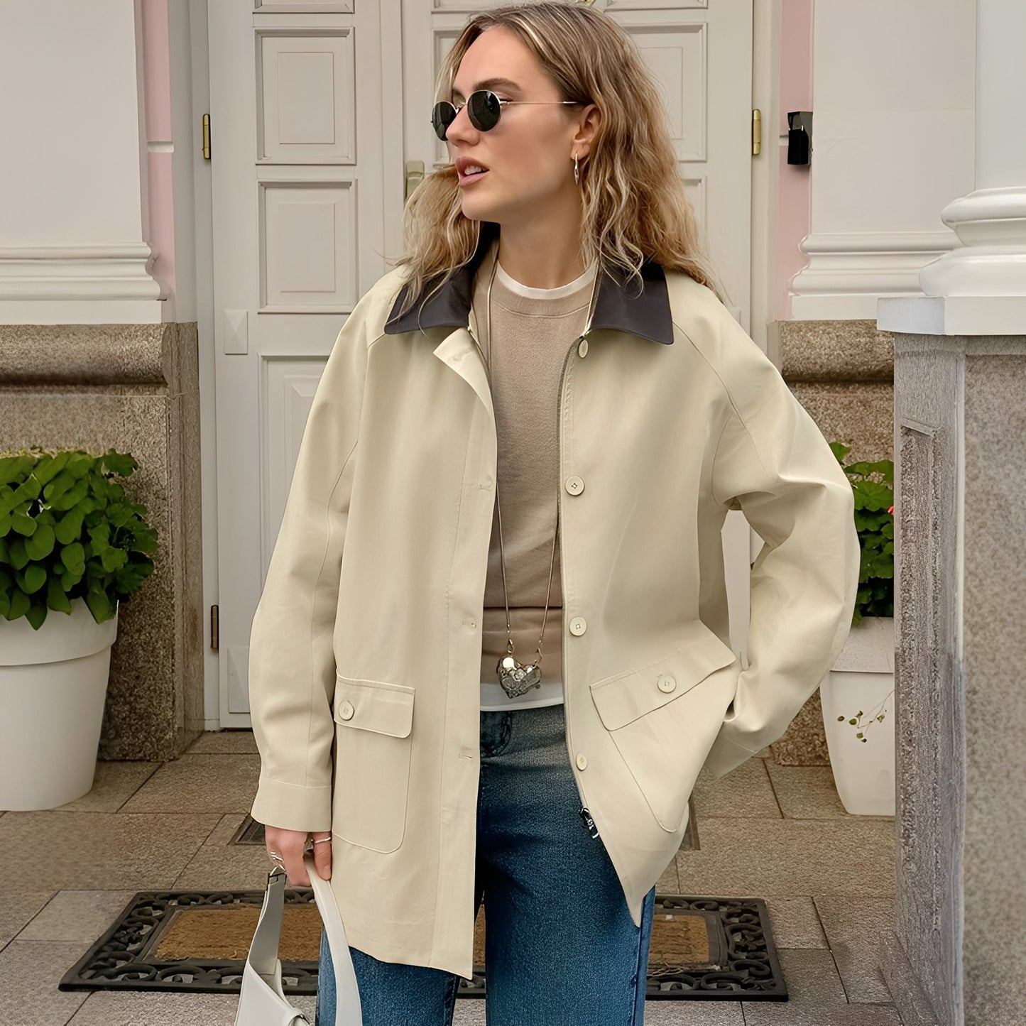 Nora – Damen Übergangsjacke mit Kontrastkragen und lockerer Passform