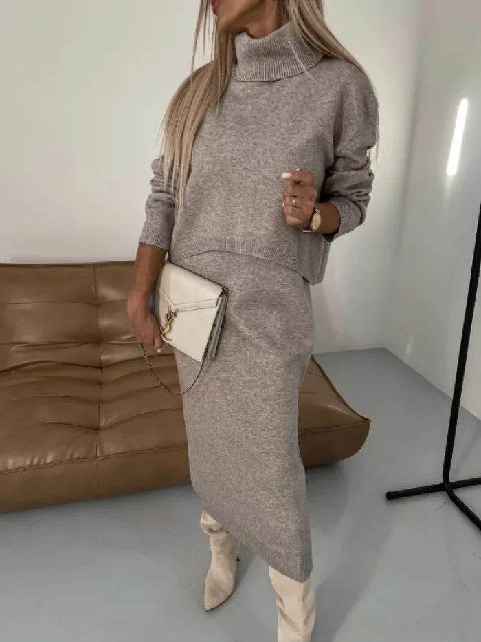 Selina – Damen Strick-Set mit Rollkragenpullover und Midirock