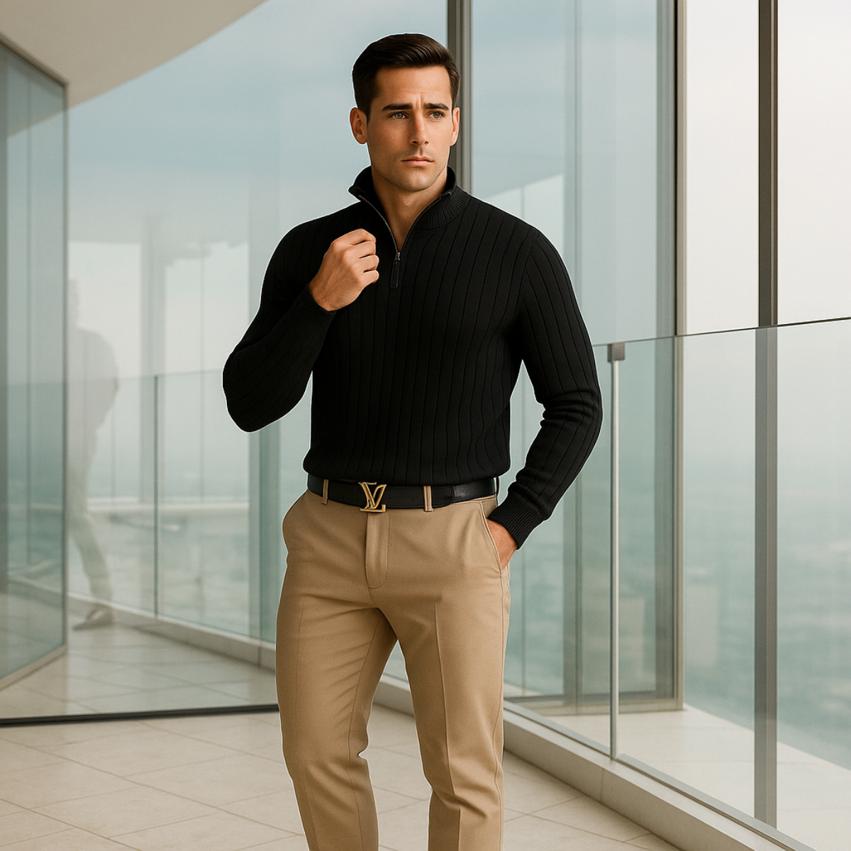 Felix – Gerippter Strickpullover mit halbem Reißverschluss für Herren