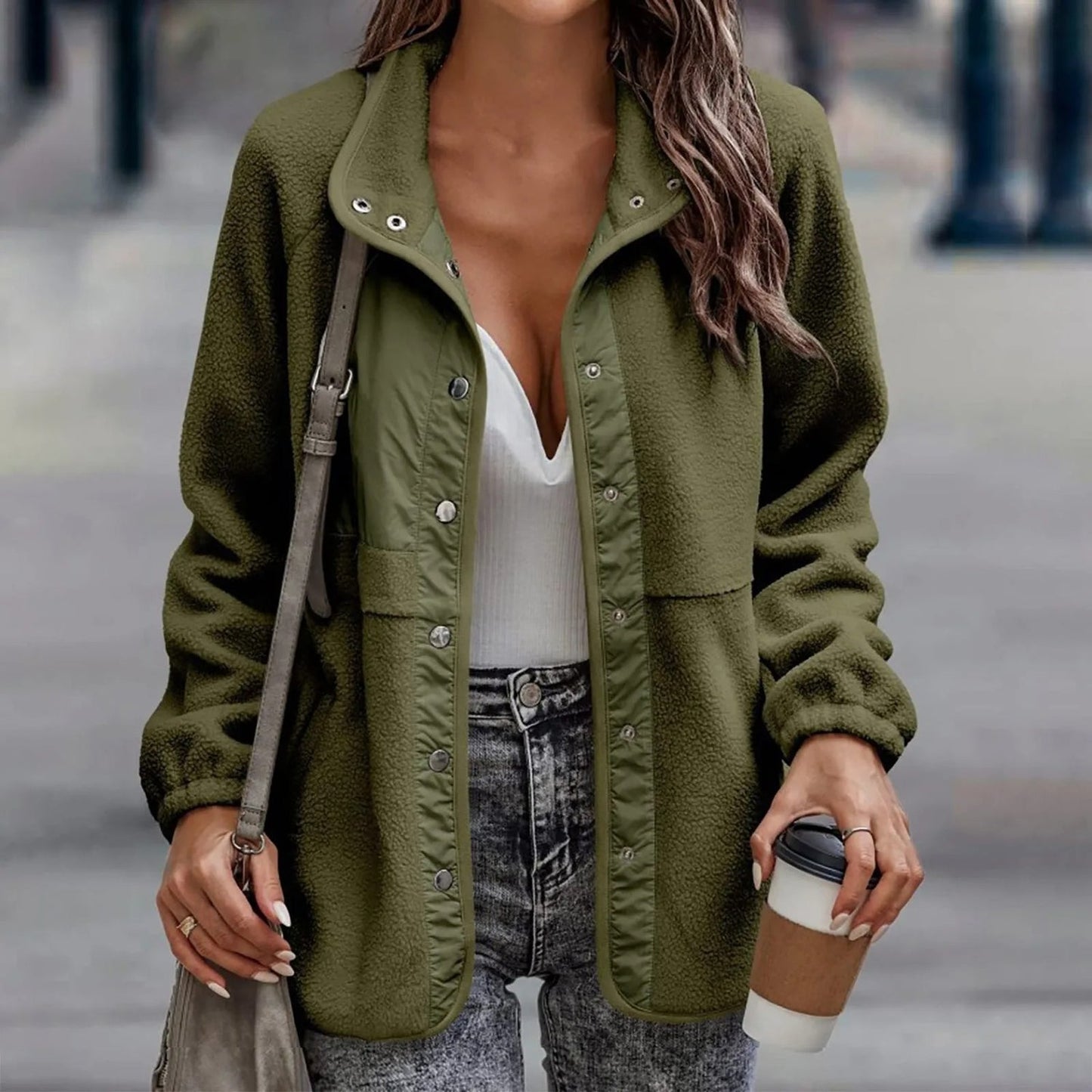 Julia - Damen Fleecejacke mit Druckknöpfen und Stehkragen