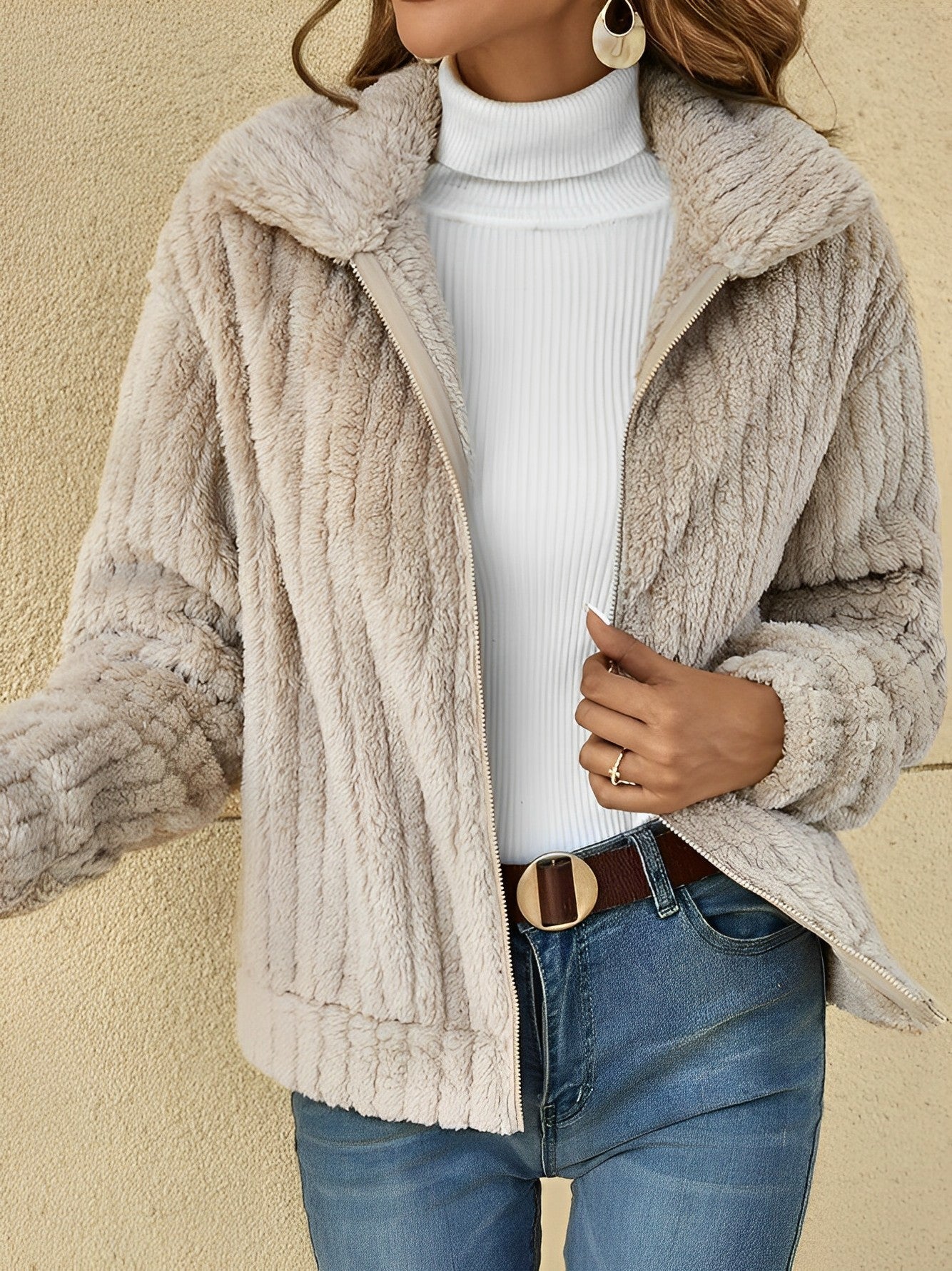 Isabelle - Damen Teddyfelljacke mit Reverskragen Herbst Winter