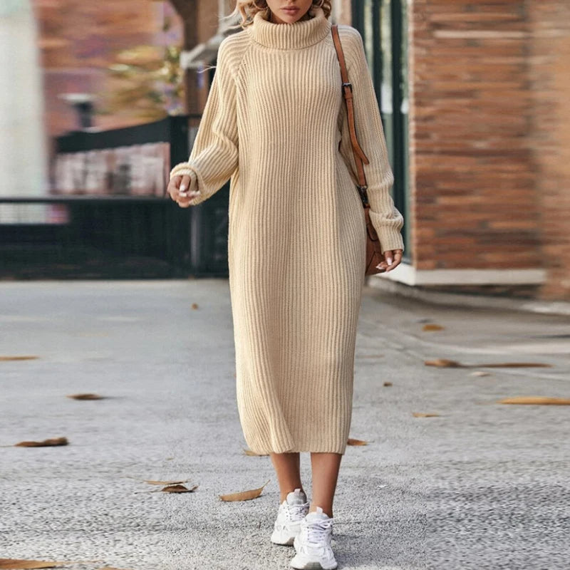 Elena – Damen Strickkleid mit Rollkragen und langer Passform