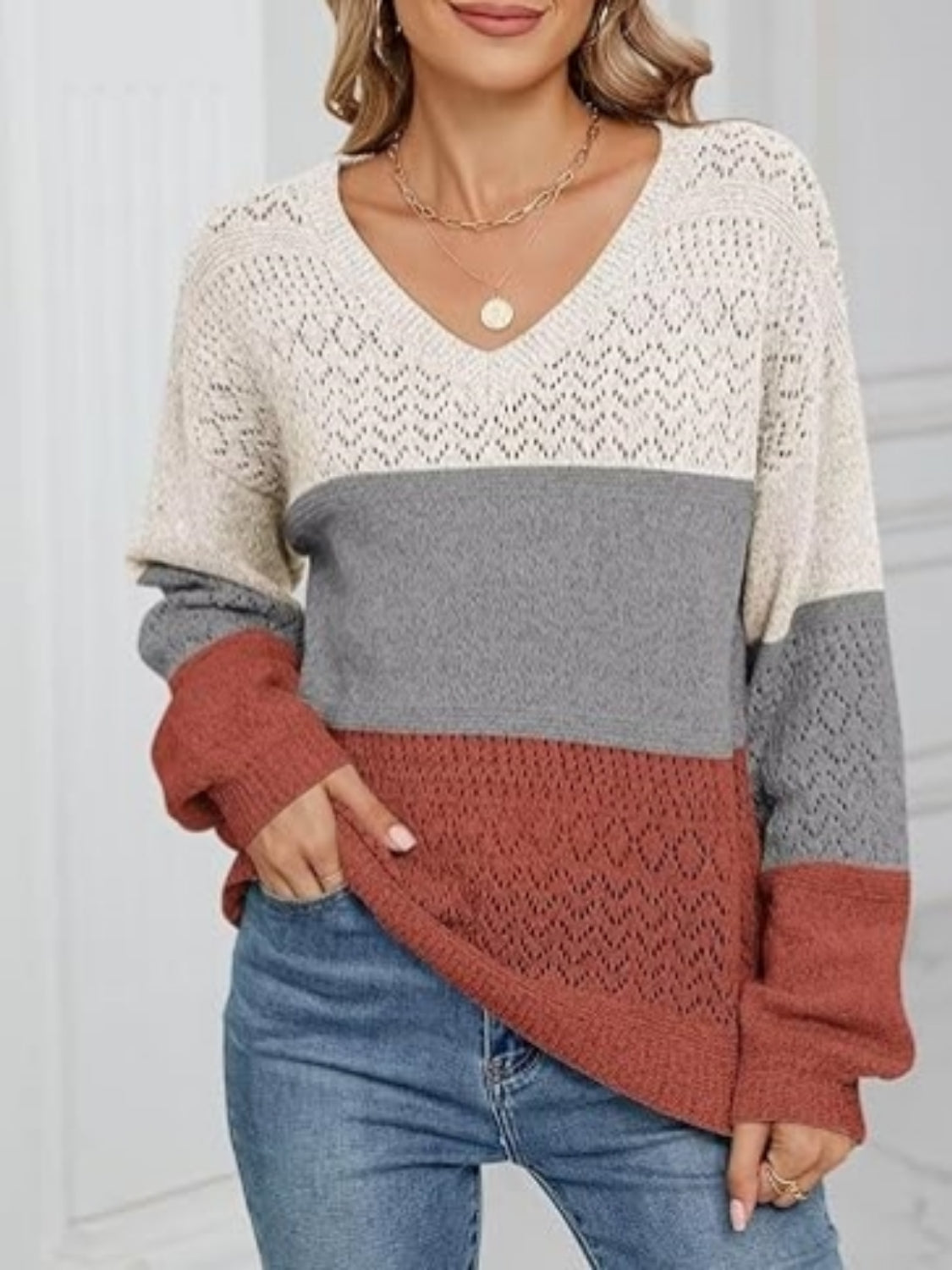 Juliana - Damen Strickpullover mit V-Ausschnitt und Farbblöcken