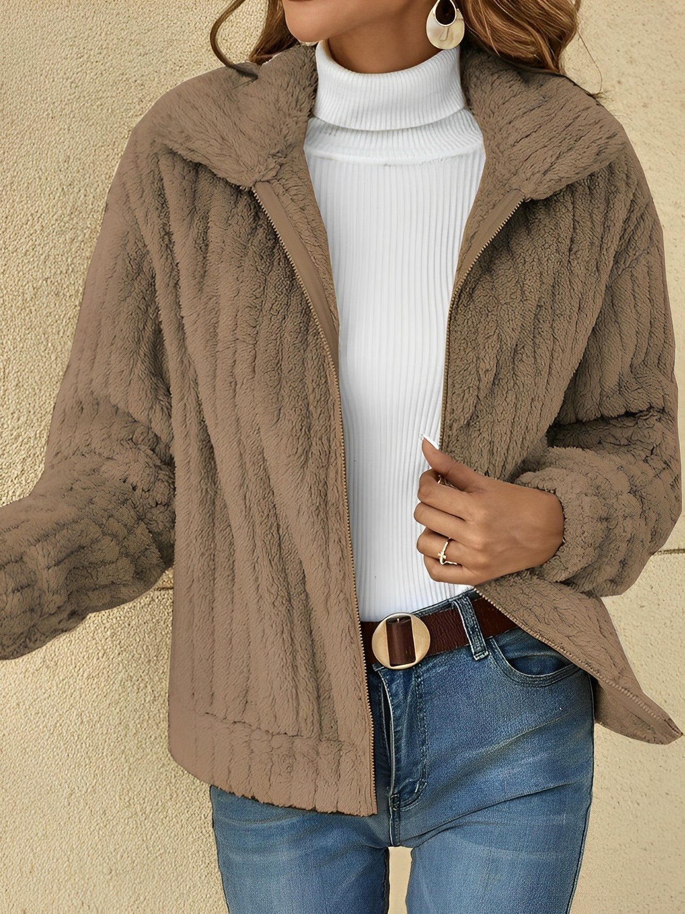 Isabelle - Damen Teddyfelljacke mit Reverskragen Herbst Winter