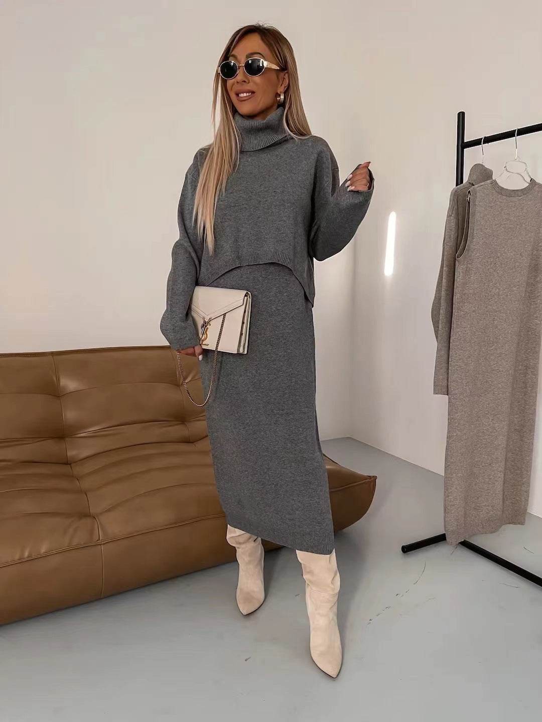 Selina – Damen Strick-Set mit Rollkragenpullover und Midirock