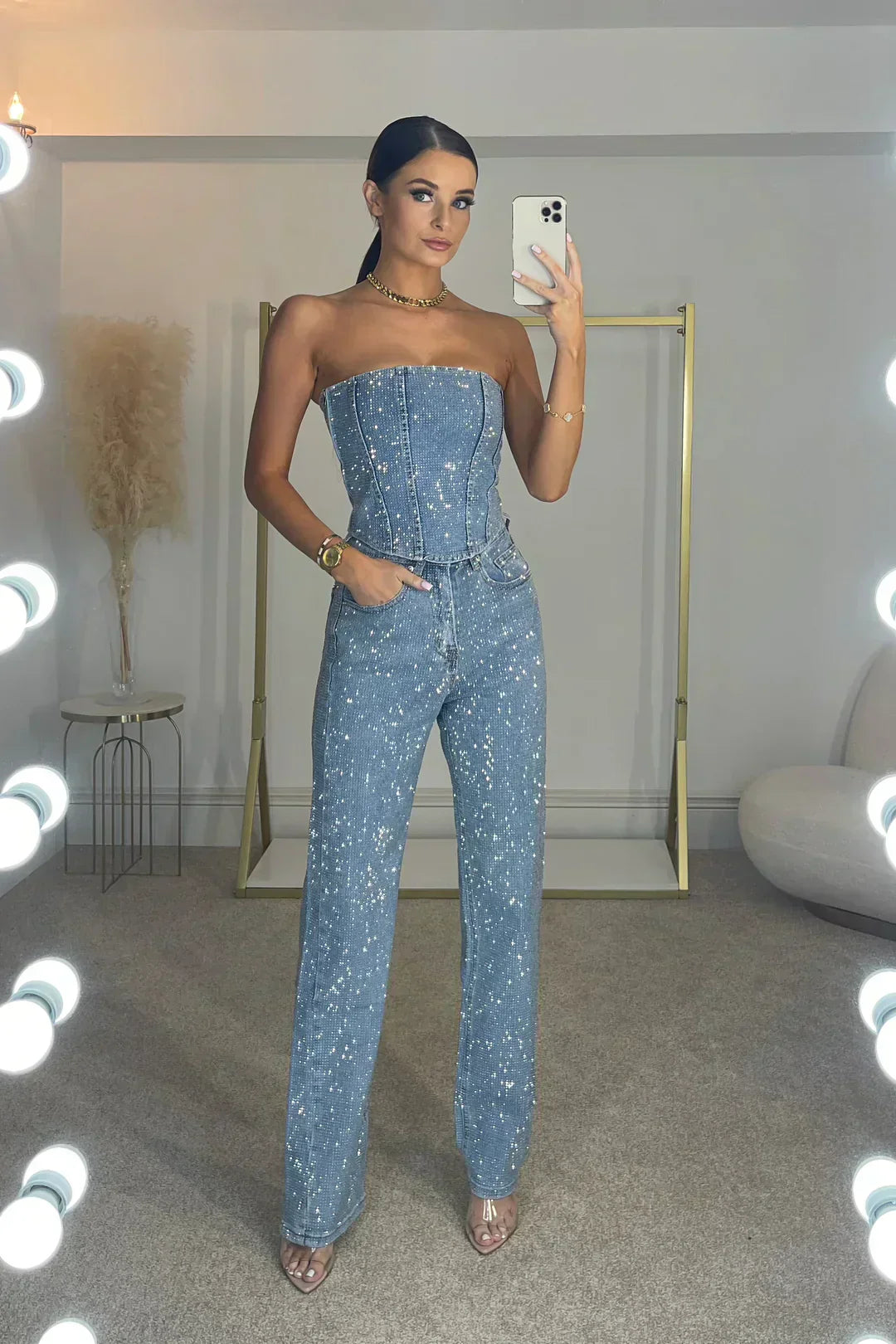 Clara – Damen Bandeau-Jumpsuit mit Glitzer-Effekt