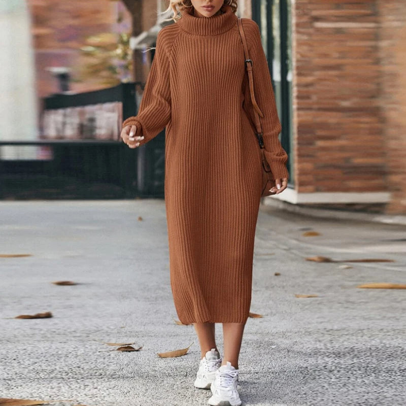 Elena – Damen Strickkleid mit Rollkragen und langer Passform