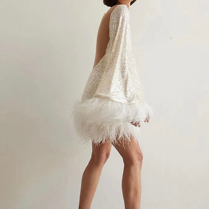 Amira - Pailletten Minikleid Damen mit Federn Langarm Abendkleid
