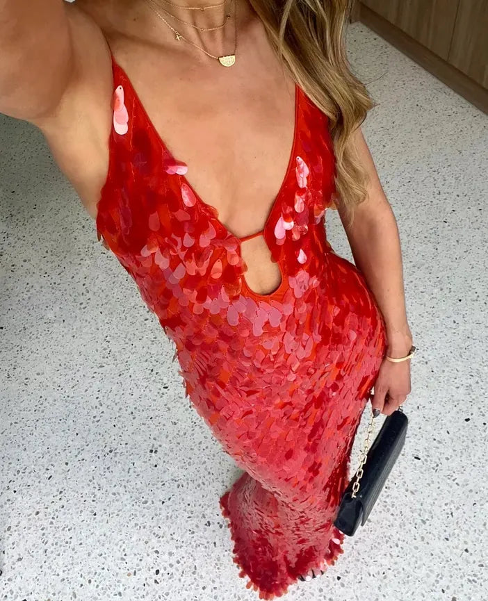 Camila - Damen Abendkleid mit Pailletten und tiefem Ausschnitt