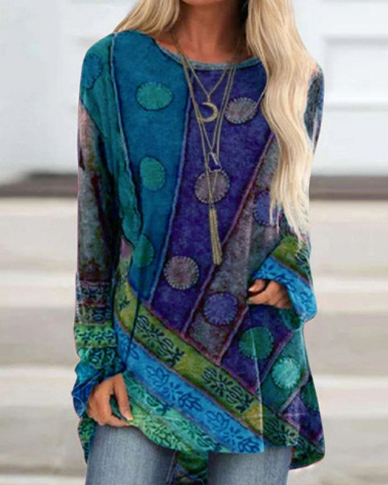 Naomi – Damen Bluse langarm mit buntem Muster und lockerer Passform