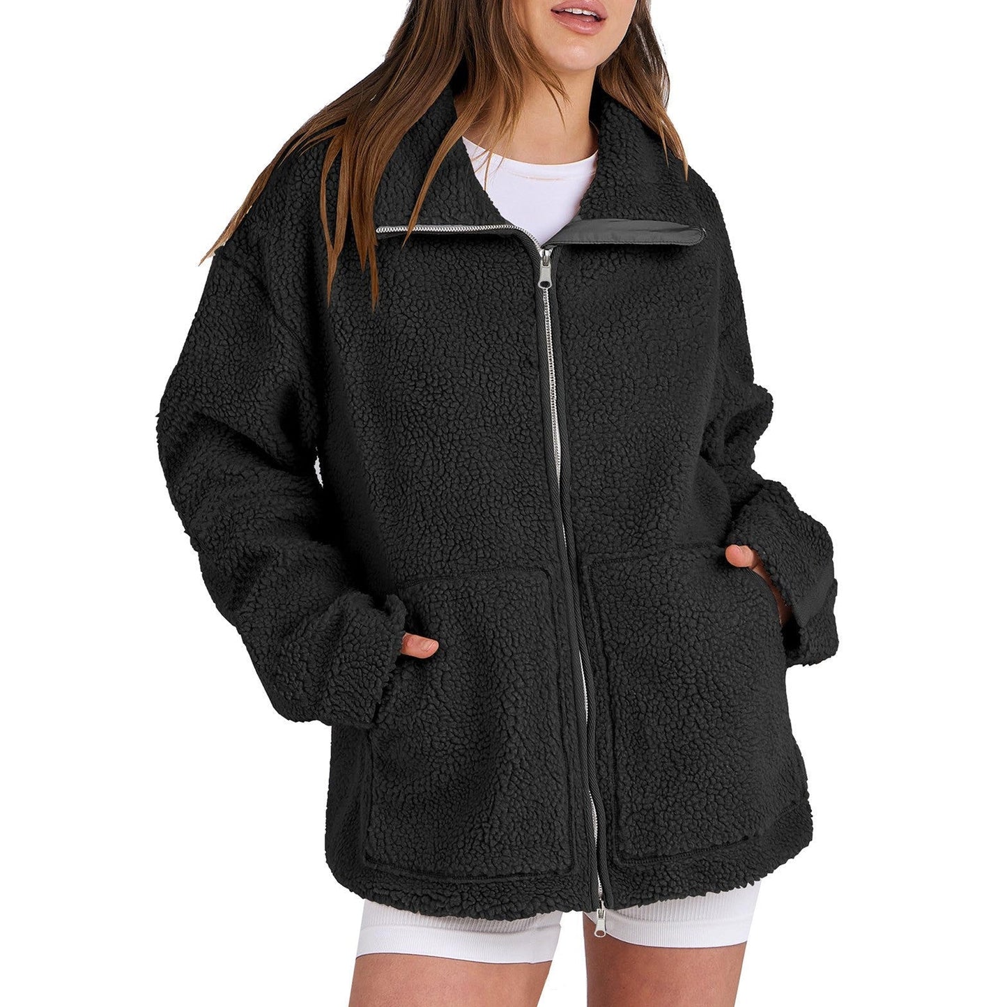 Amira – Damen Teddyjacke mit Reißverschluss und lockerer Passform