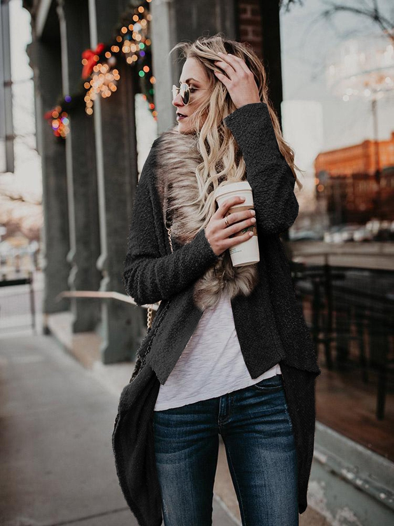Maribel - Damen Jacke mit Kunstpelzkragen und Wasserfall-Design