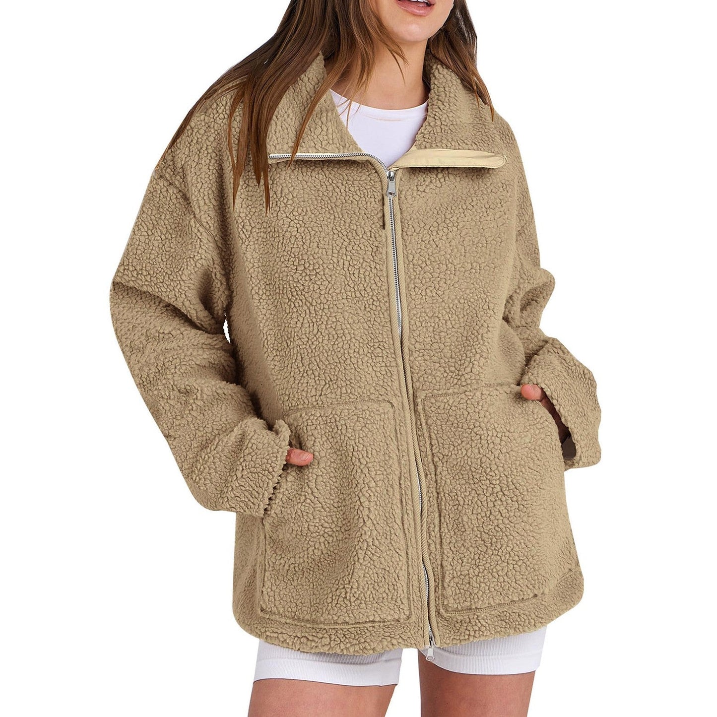 Amira – Damen Teddyjacke mit Reißverschluss und lockerer Passform