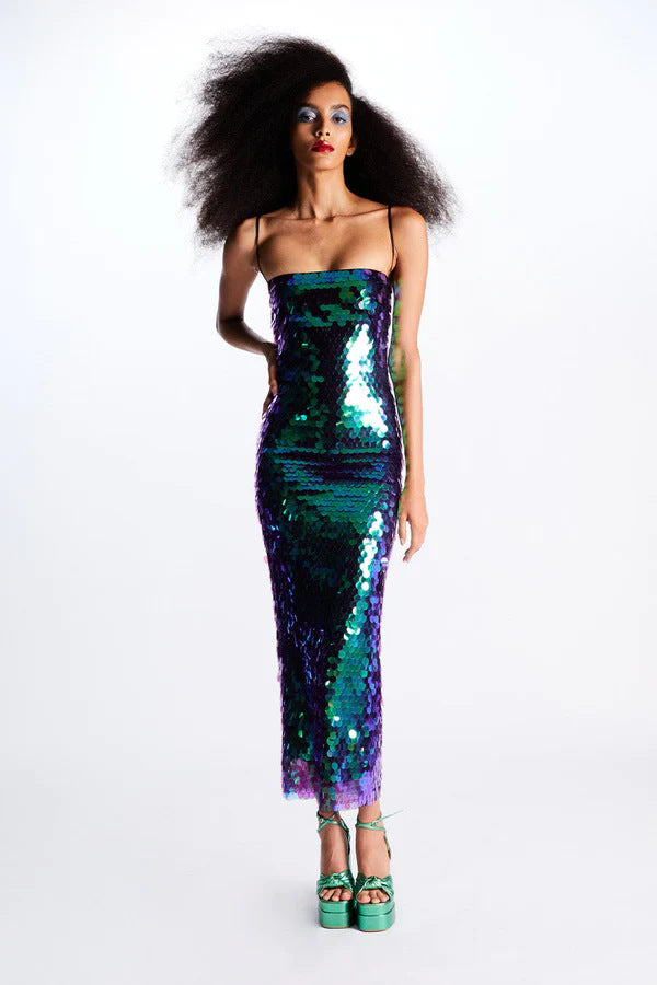 serena – pailletten-maxikleid mit spaghetti-trägern