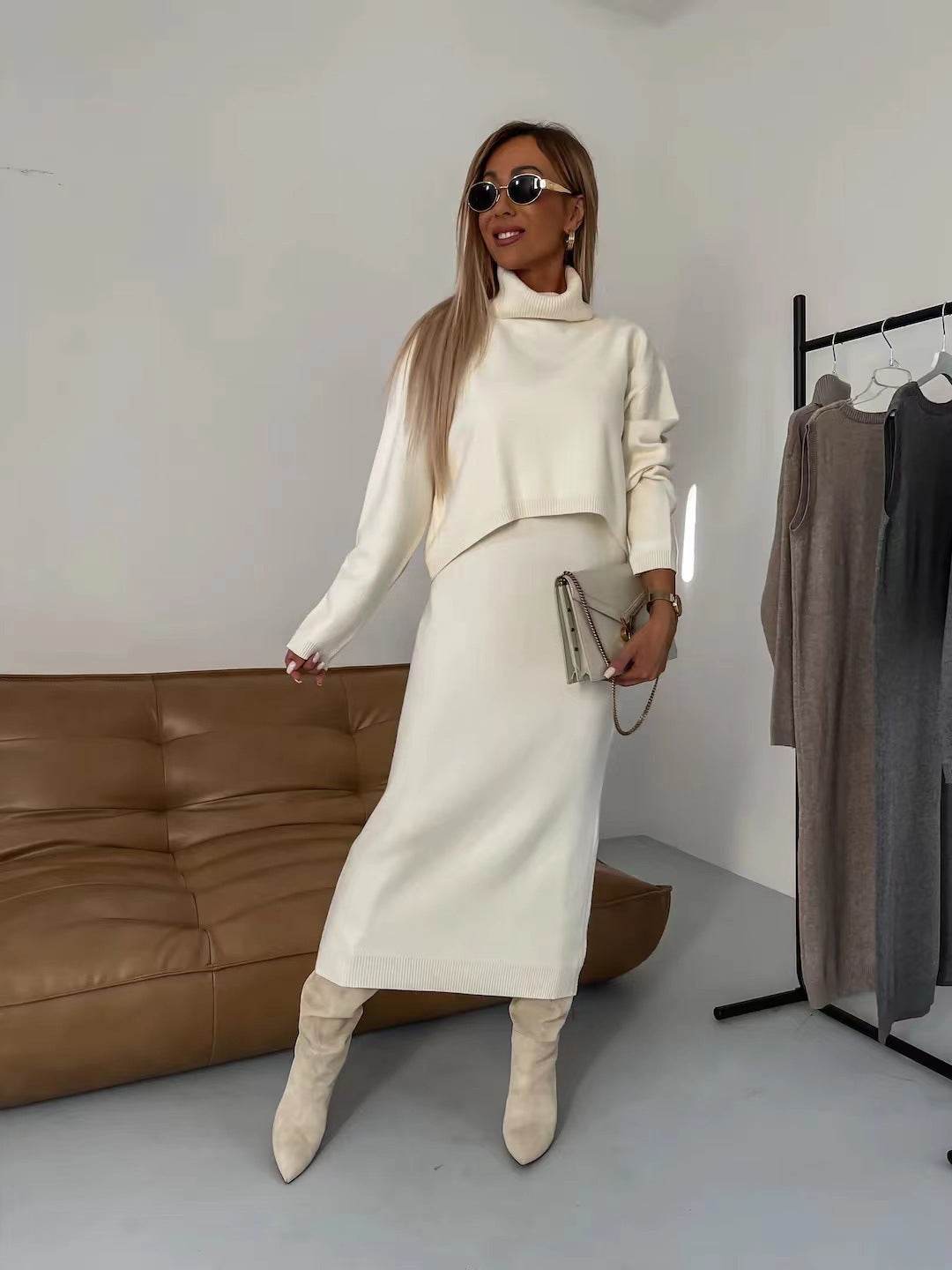 Selina – Damen Strick-Set mit Rollkragenpullover und Midirock