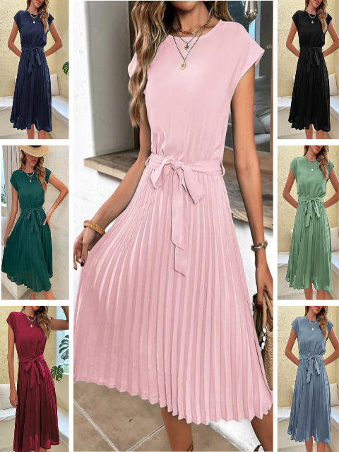 Laura - Damen Sommerkleid mit Faltenrock und Bindegürtel