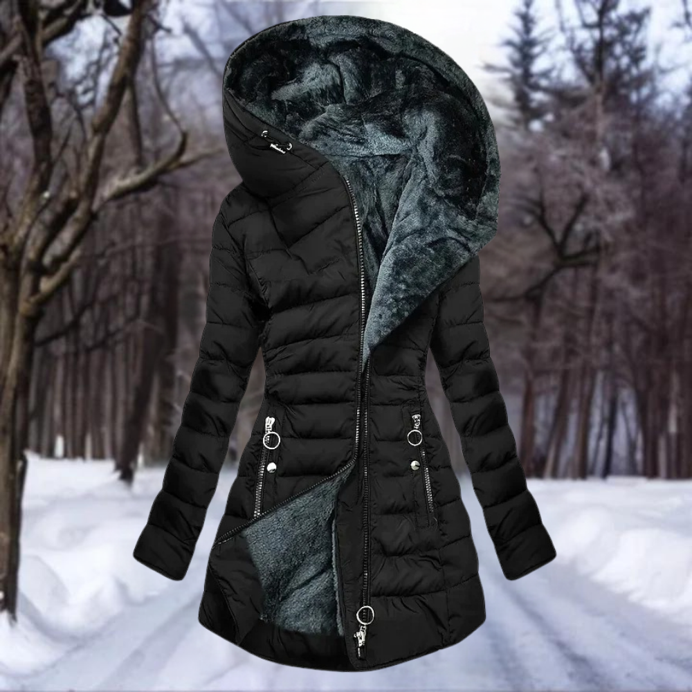 Elena - Damen Winterjacke Steppmantel mit Kapuze und Kunstfellfutter