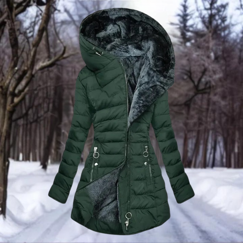 Elena - Damen Winterjacke Steppmantel mit Kapuze und Kunstfellfutter