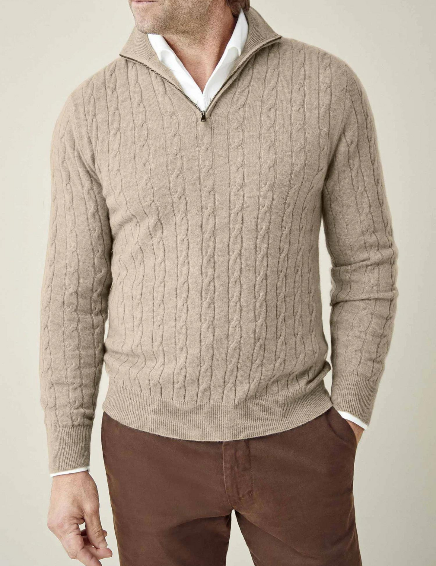 David - Herren Pullover Strick Zopfmuster Reißverschlusskragen