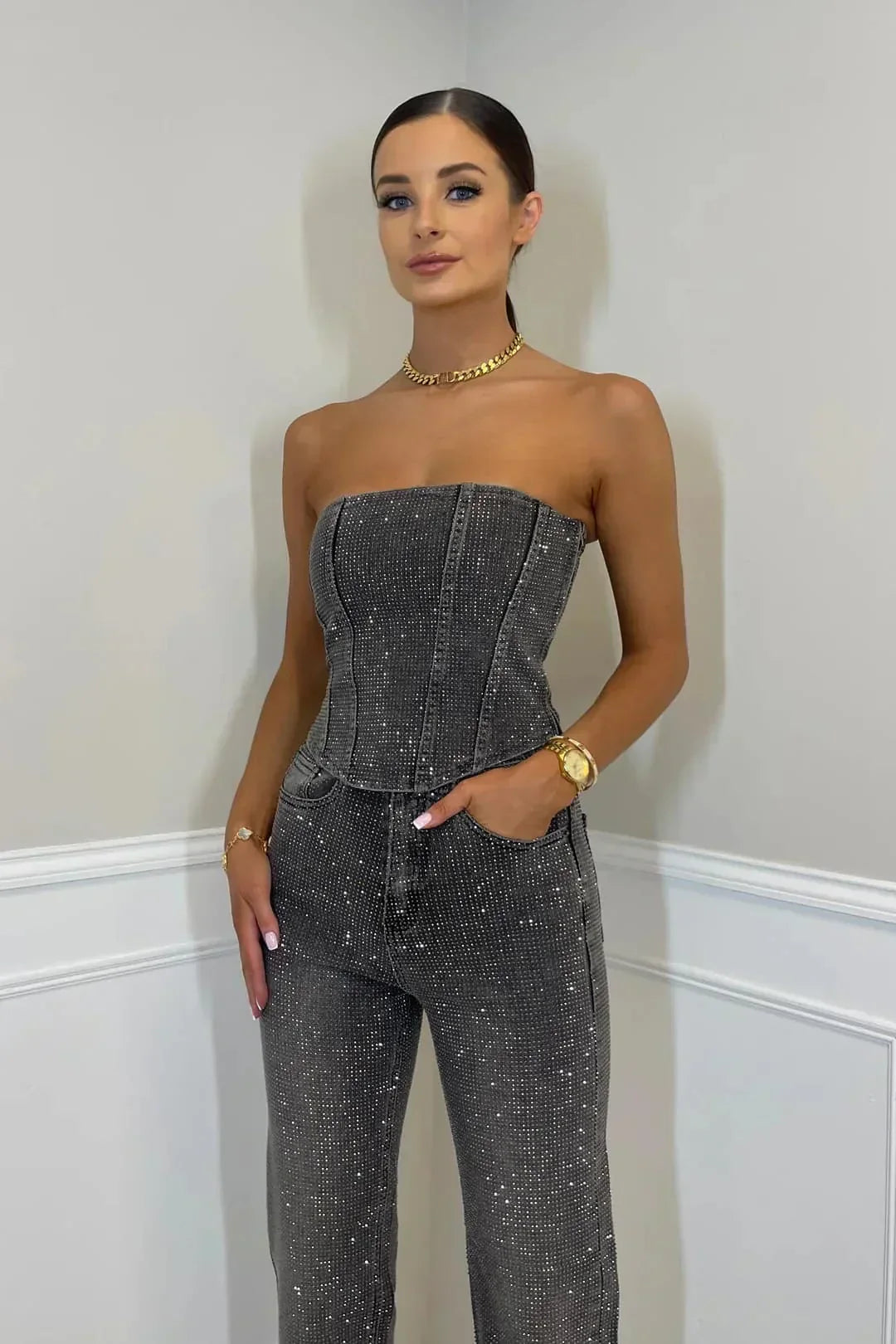 Clara – Damen Bandeau-Jumpsuit mit Glitzer-Effekt