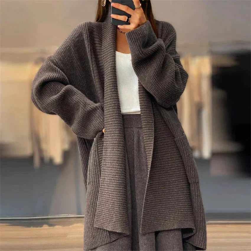 Isabell - Damen Strickjacke lang mit Taschen und offener Front