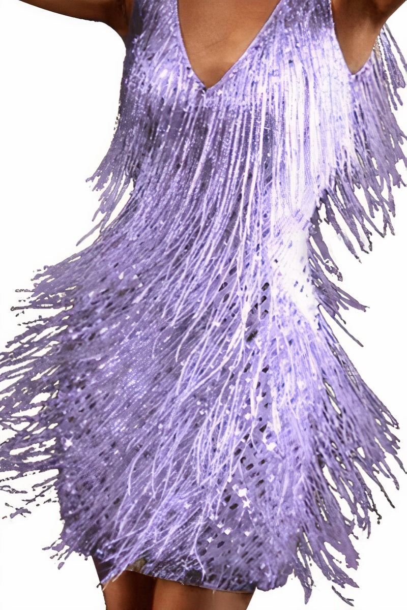 Claudia - Damen Party Kleid mit Fransen und V-Ausschnitt