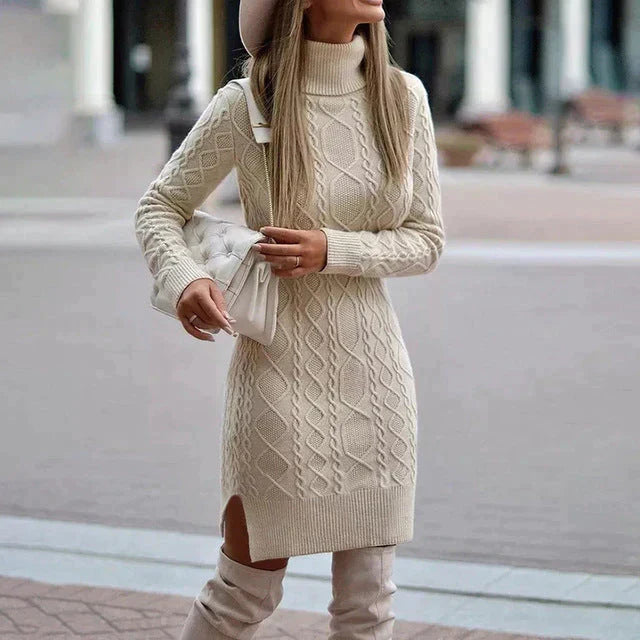 Alina - Damen Strickkleid mit Rollkragen und Zopfmuster