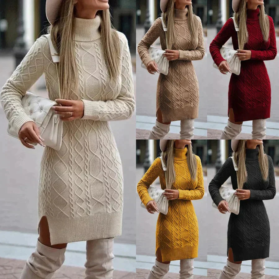 Alina - Damen Strickkleid mit Rollkragen und Zopfmuster