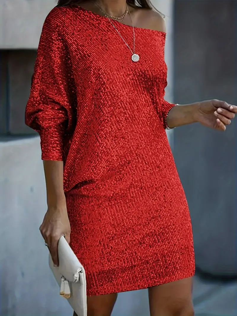 Lucia - Damen Minikleid elegant mit schulterfreiem Schnitt und langen Ärmeln