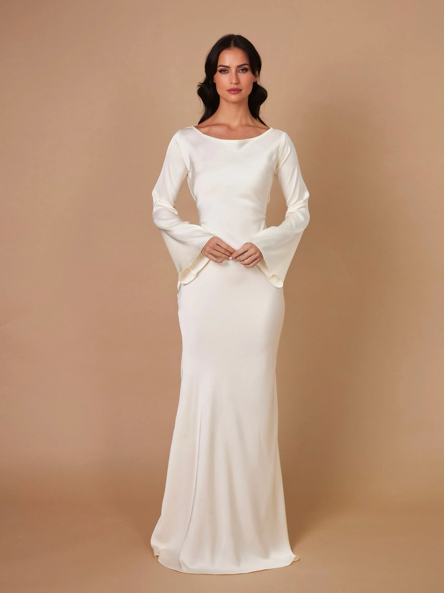 Valeria - Damen Maxikleid elegant langarm figurbetont mit weitem Saum