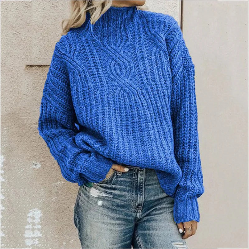 Ella - Damen Strickpullover mit Zopfmuster und Stehkragen