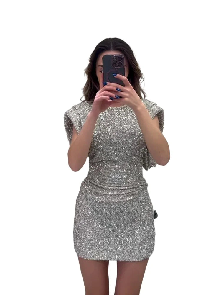 Selina - Damen Minikleid mit Glitzer und Stehkragen