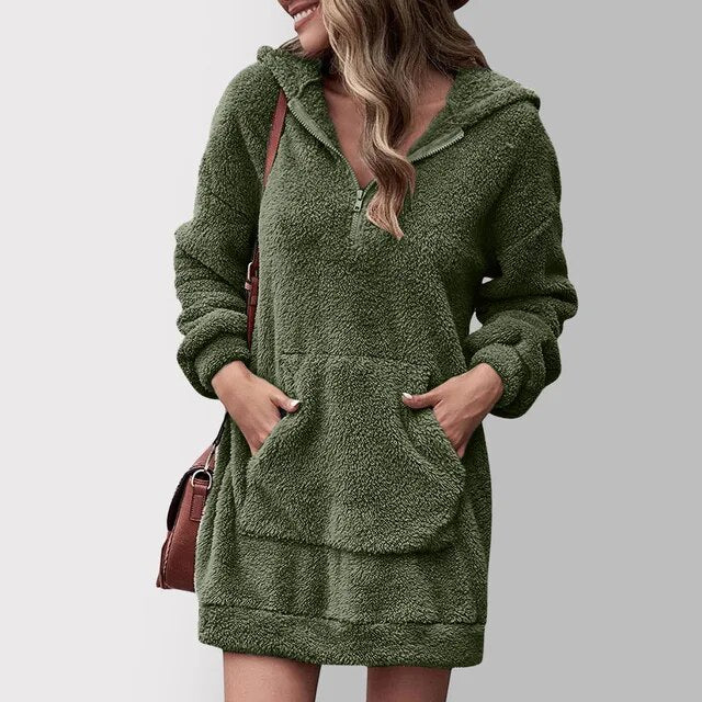 Selina - Damen Hoodie-Kleid mit Kängurutasche und Reißverschluss