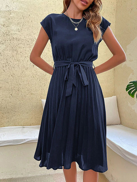 Laura - Damen Sommerkleid mit Faltenrock und Bindegürtel