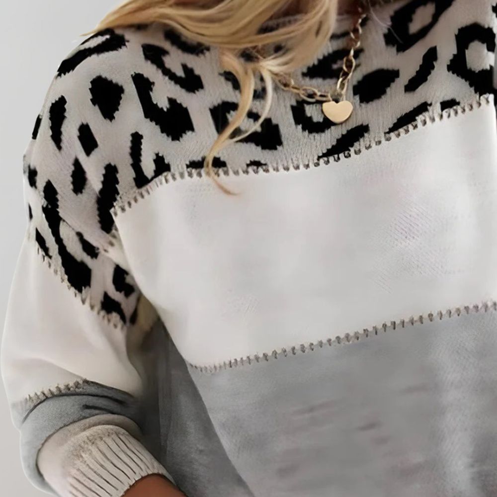 Lara - Damen Pullover Strick Sweater mit Leopardenmuster
