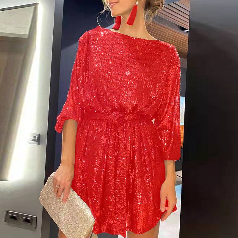 Carla - Damen Pailletten Kleid mit Gürtel