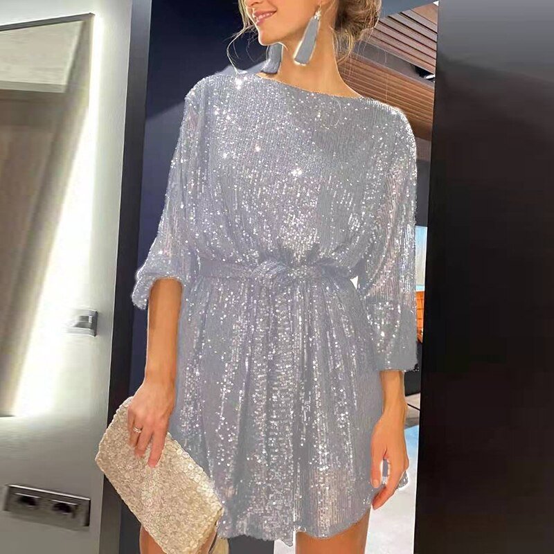 Carla - Damen Pailletten Kleid mit Gürtel
