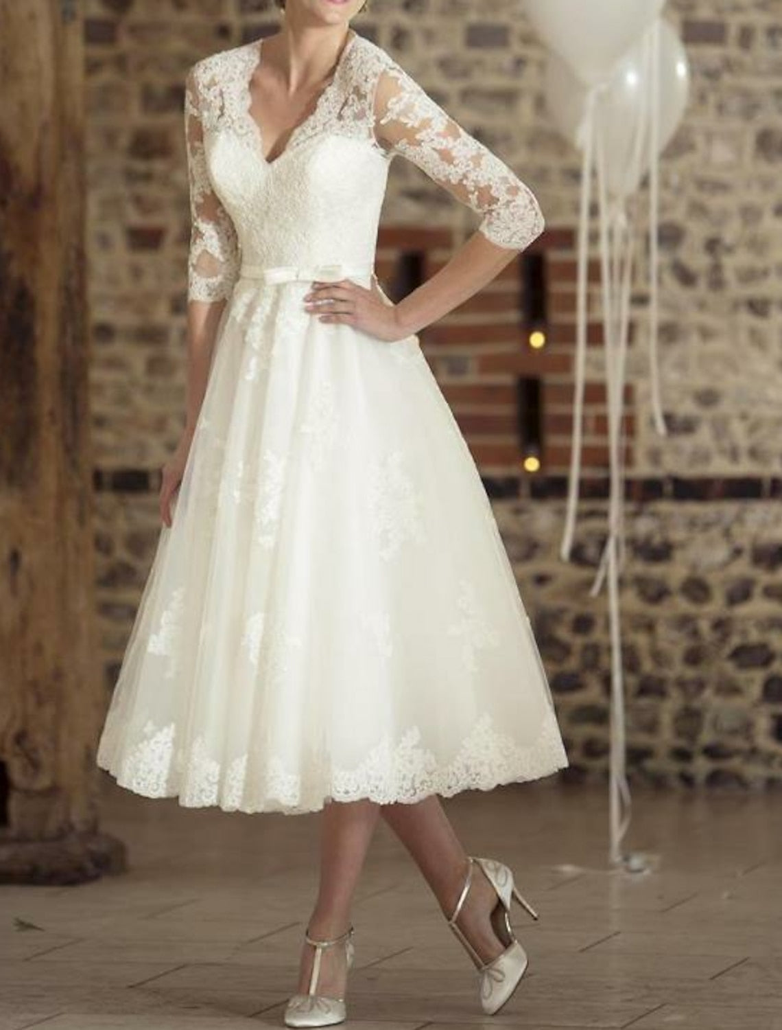 Damen Weiß Lange Ärmel V-Ausschnitt Brautkleid | Midi