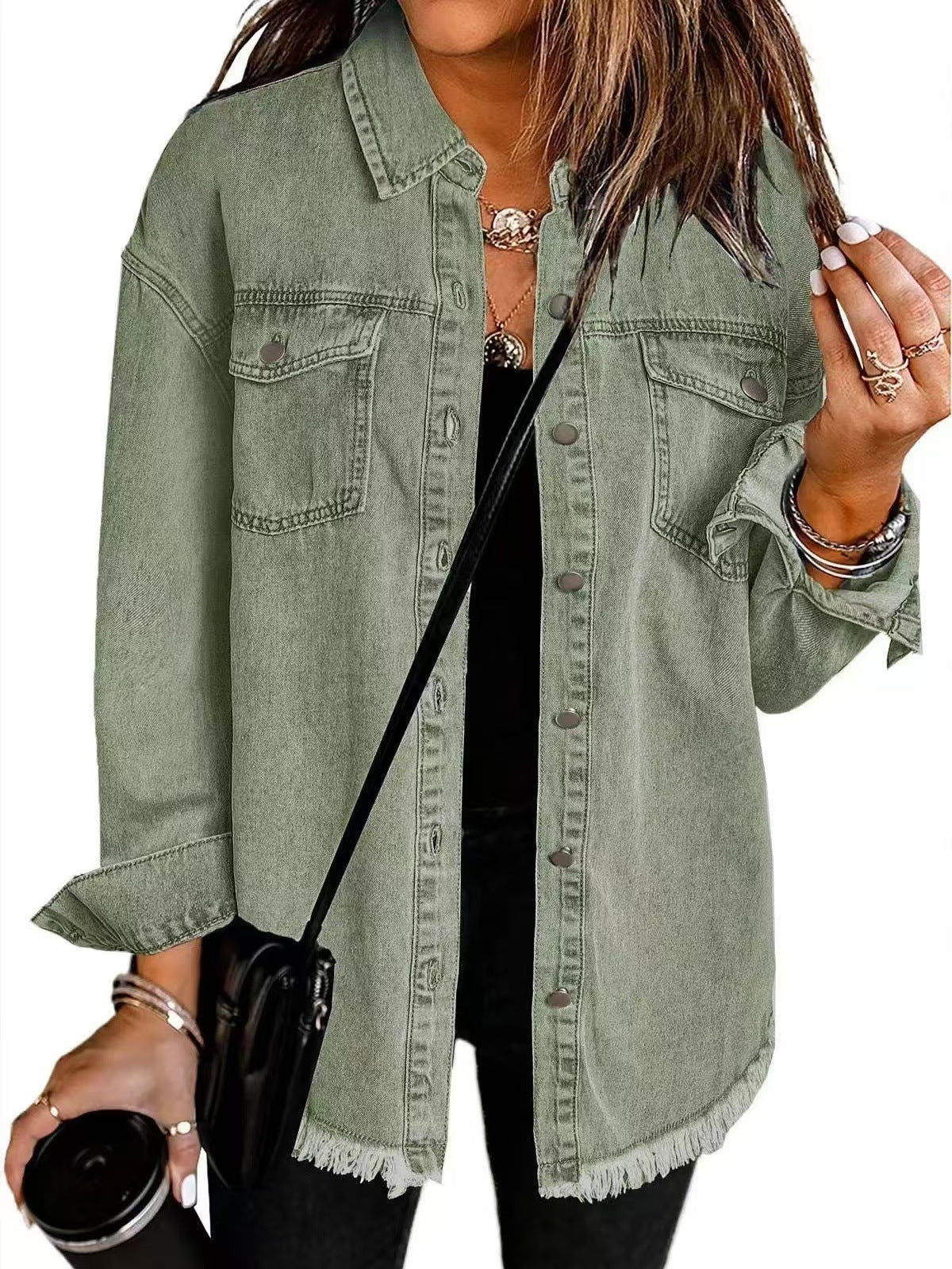 Lara – Jeanshemd Damen mit Knopfleiste und Fransen-Detail