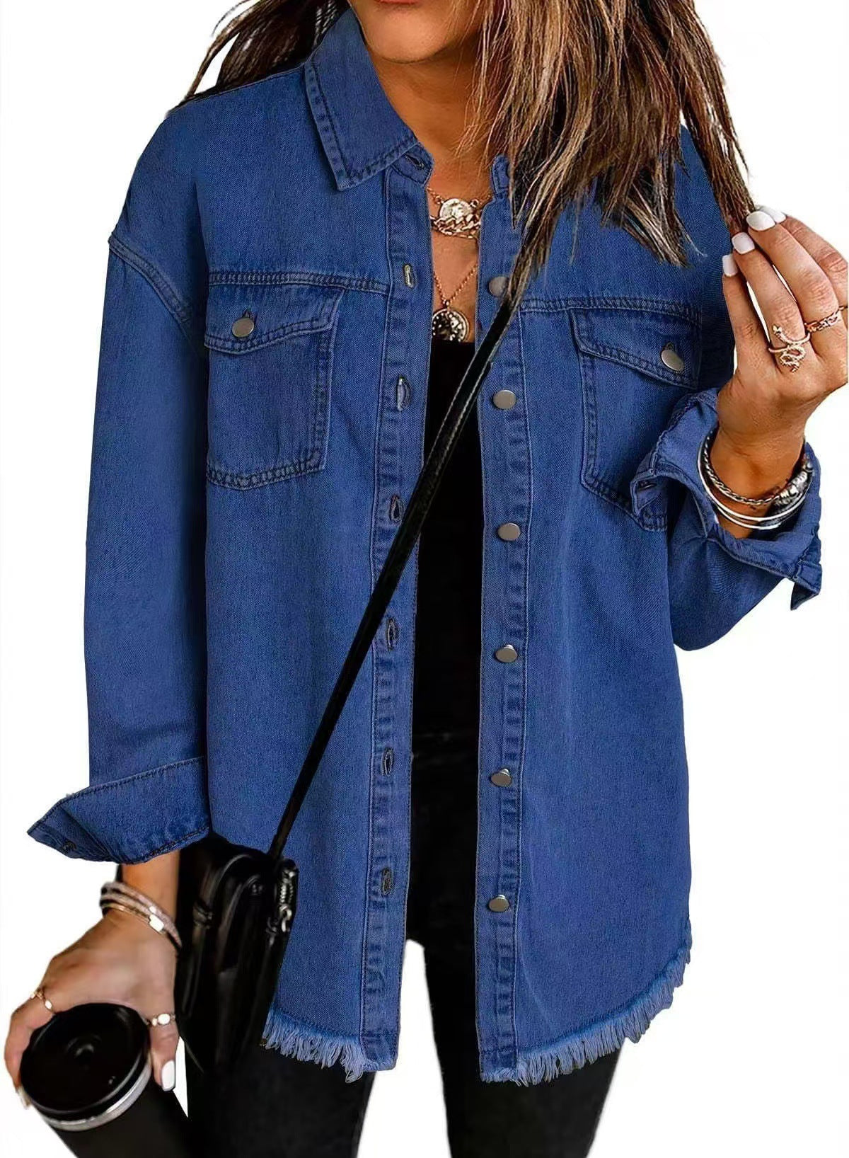 Lara – Jeanshemd Damen mit Knopfleiste und Fransen-Detail