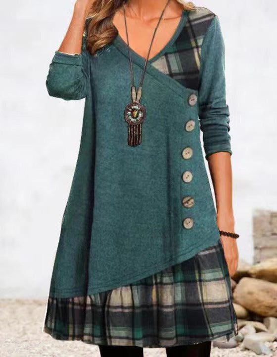 Scarlett – Damen A-Linie mit Karodetails und V-Ausschnitt