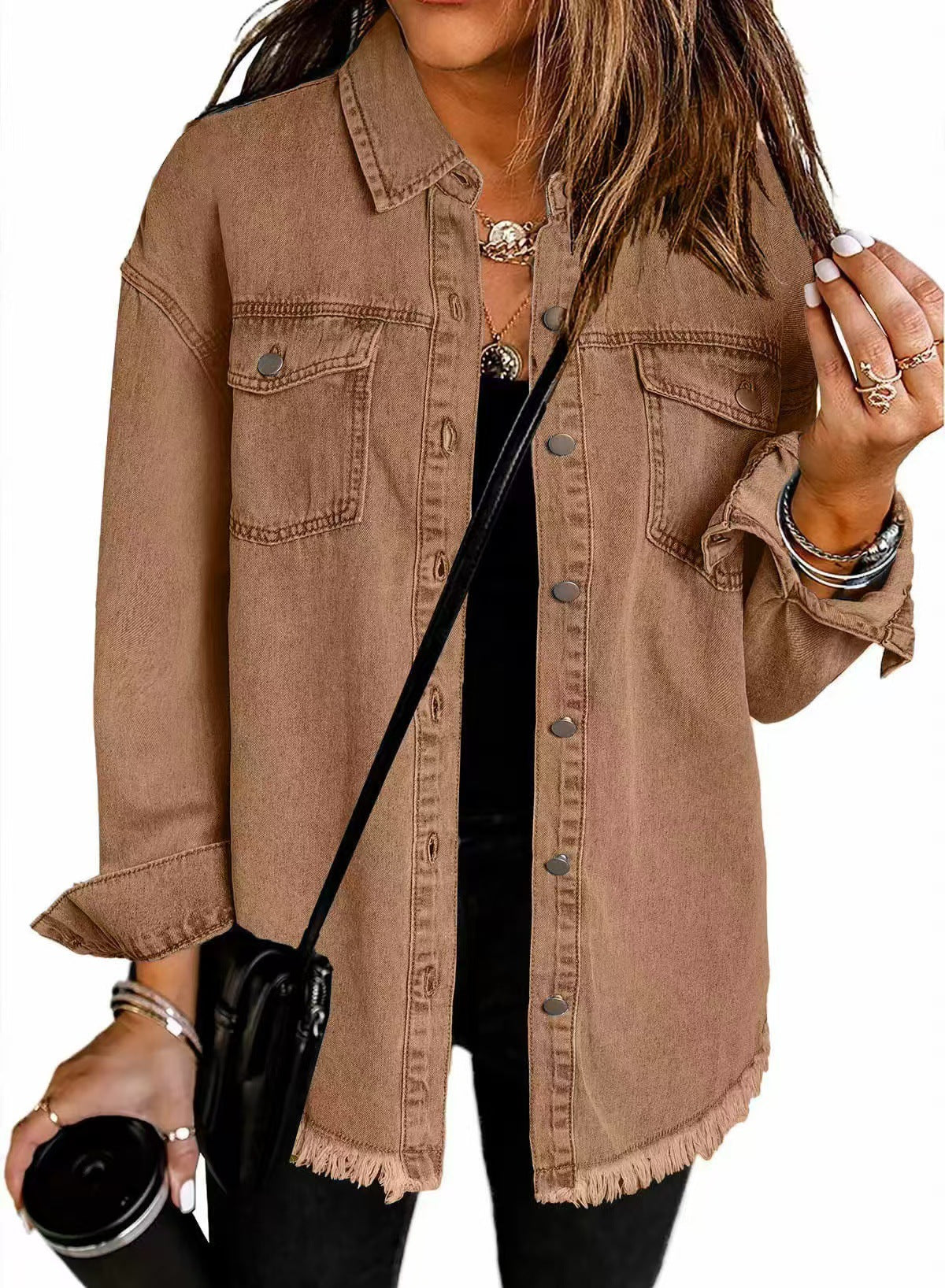 Lara – Jeanshemd Damen mit Knopfleiste und Fransen-Detail