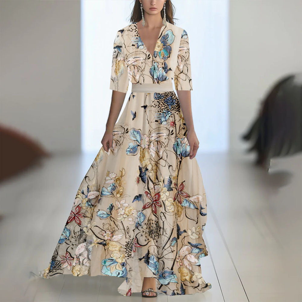 Fenina - Langärmeliges Maxikleid aus geblümtem Chiffon