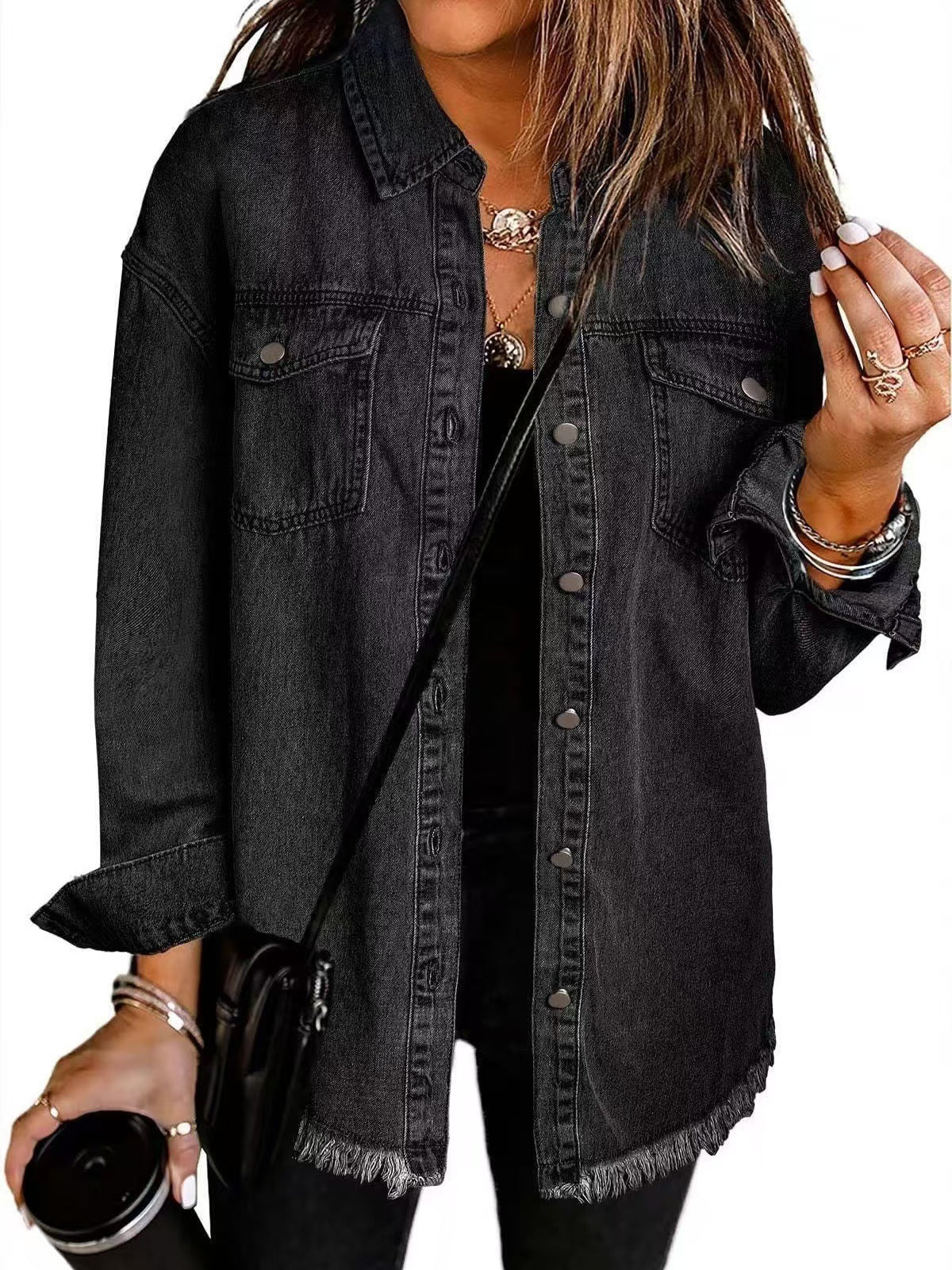 Lara – Jeanshemd Damen mit Knopfleiste und Fransen-Detail