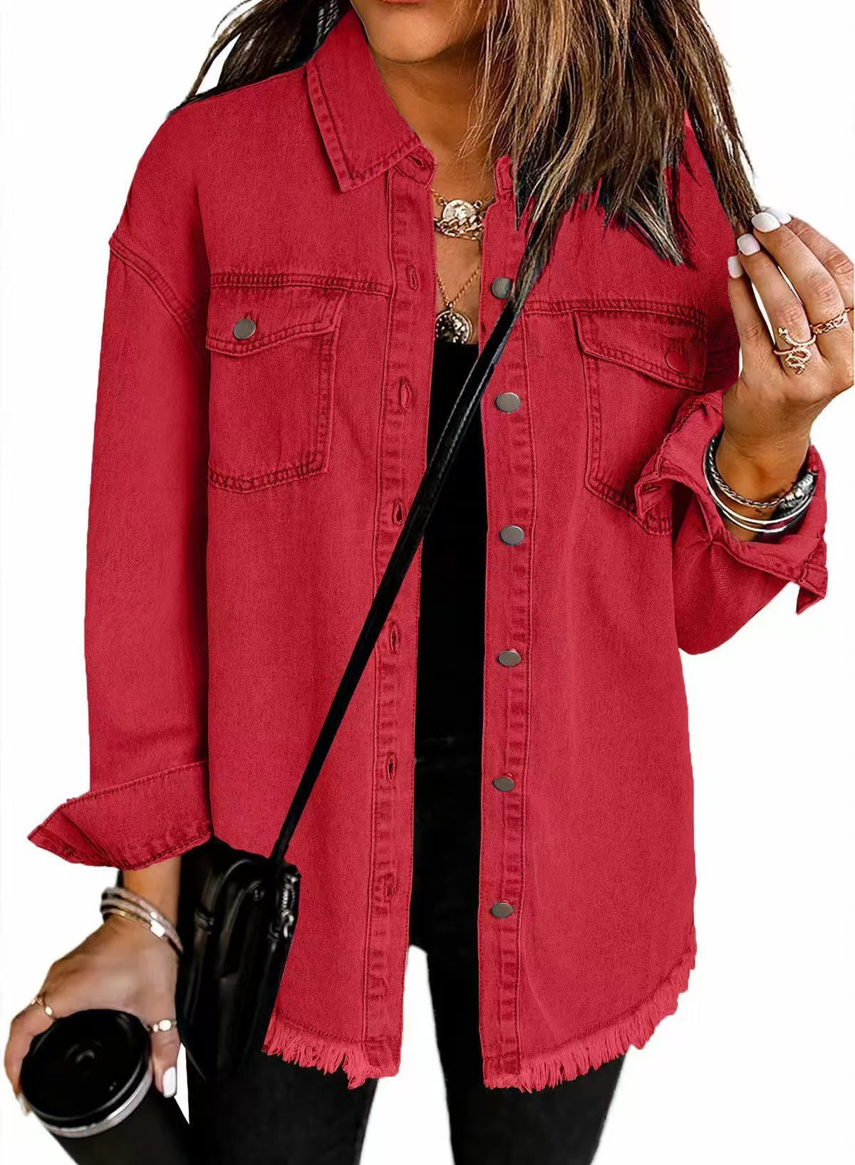 Lara – Jeanshemd Damen mit Knopfleiste und Fransen-Detail