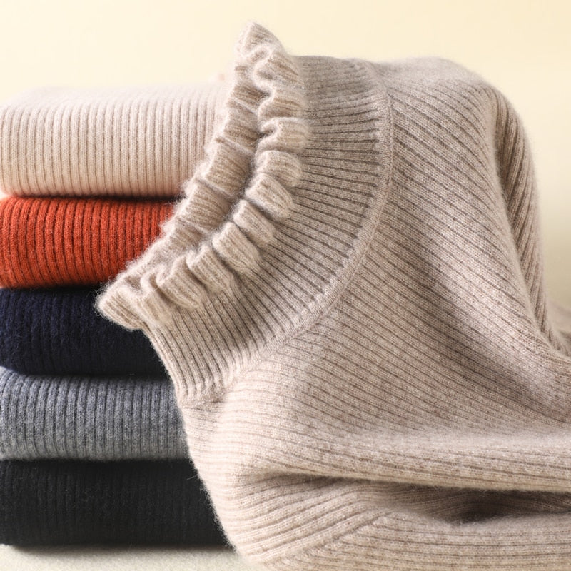 Amelie - Damen Strickpullover Slim Fit mit Rüschenkragen